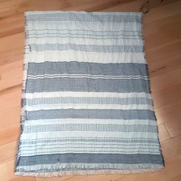 Banana Republic Textured Cotton Linen Striped Scarf White Navy Fringe Edges NWOT - Picture 11 of 15